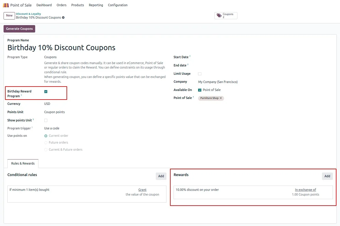 Birthday reward program settings in the Odoo Point of Sale configuration