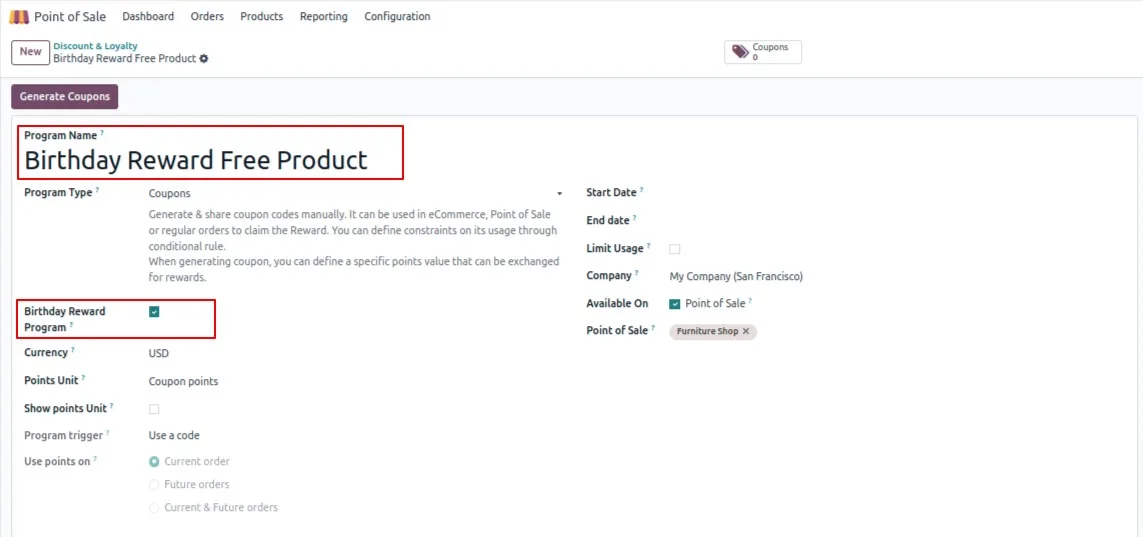 Choosing a discount or free product as the POS birthday reward type