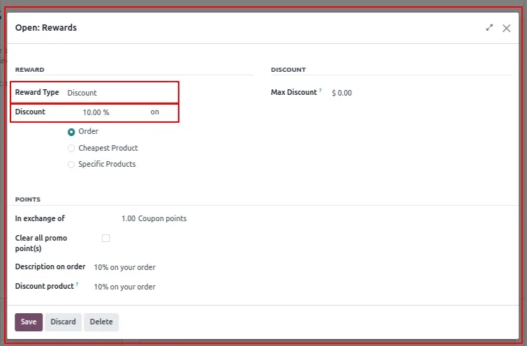 Setting the birthday coupon discount percentage in Odoo