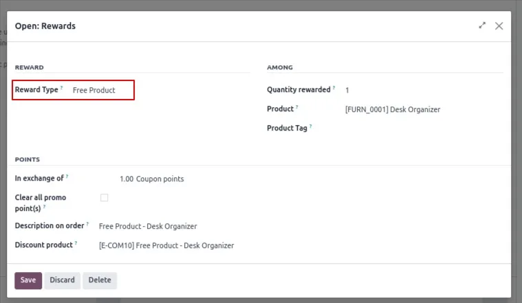 Selecting a free product for the Odoo birthday reward