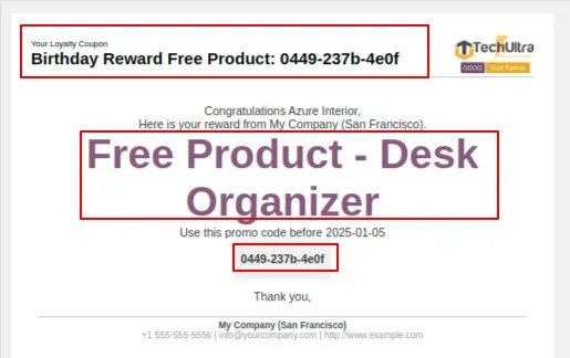 Birthday coupon email with the customer's unique promo code