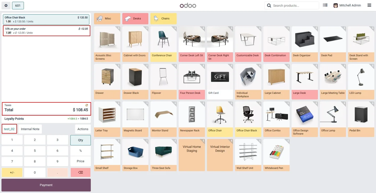 Entering a birthday coupon code at the Odoo POS checkout