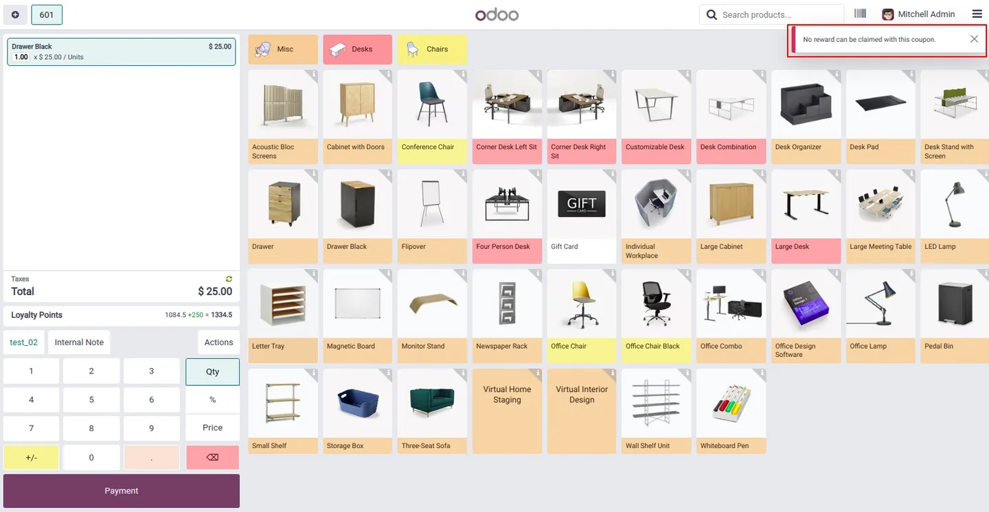 POS order showing the birthday reward before payment in Odoo