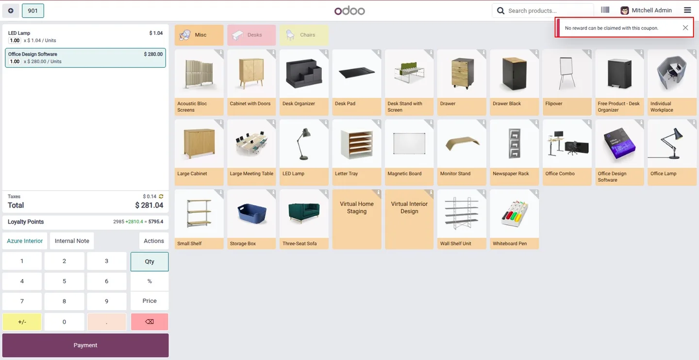POS receipt listing the applied birthday coupon and discount in Odoo
