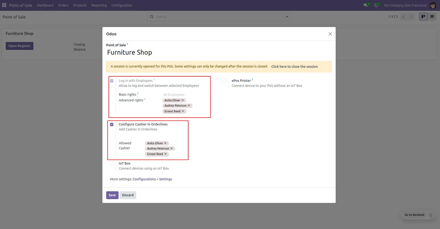 Enabling Configure Cashier in Orderlines in the Odoo POS settings