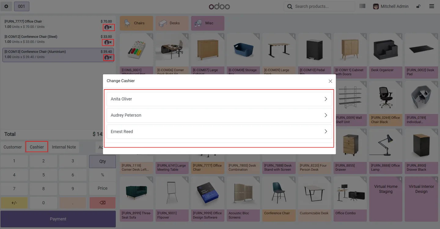 Assigning a cashier to a product line in the Odoo POS order
