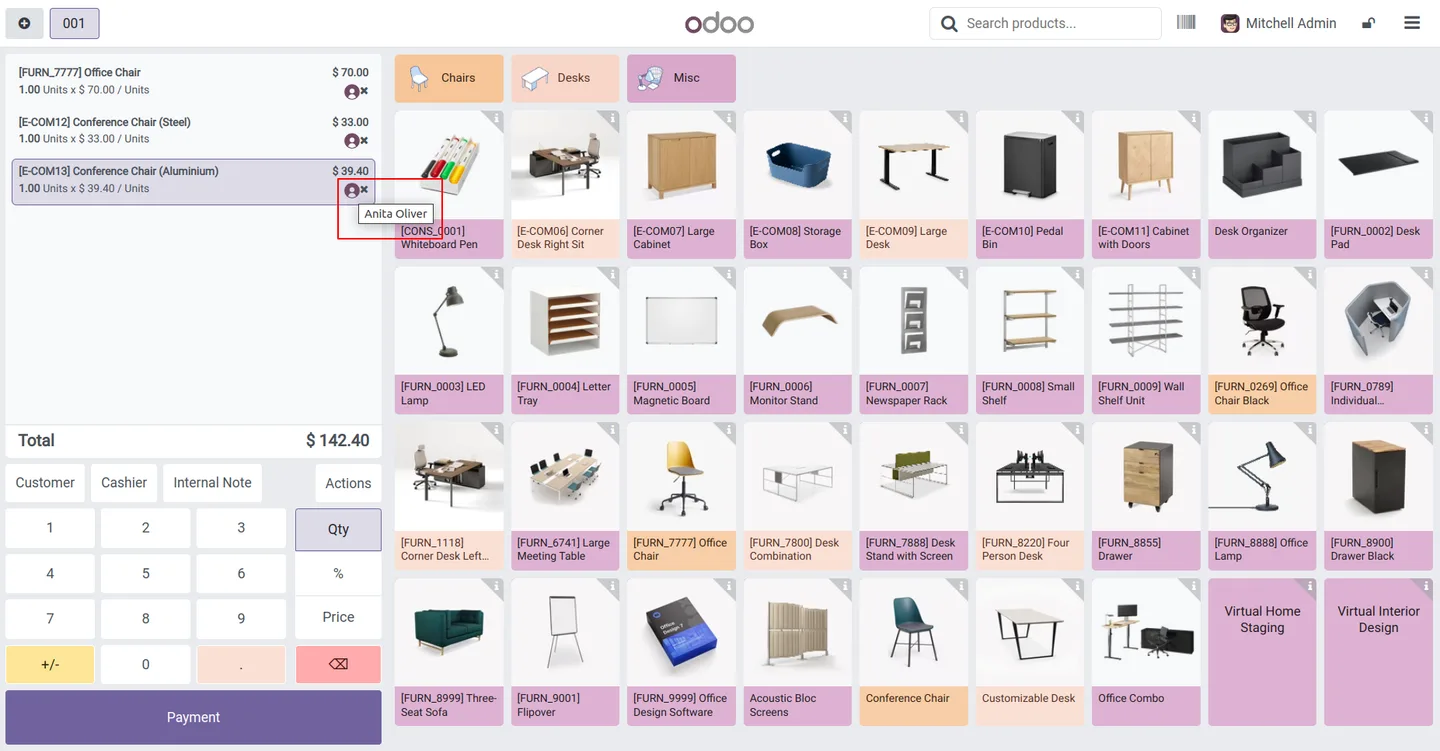 Cashier name shown on hover over a POS order line in Odoo