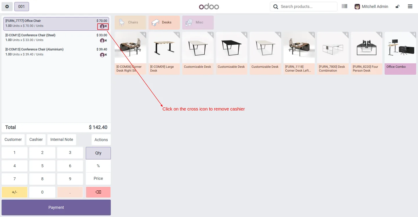 Removing a cashier assignment from an Odoo POS order line