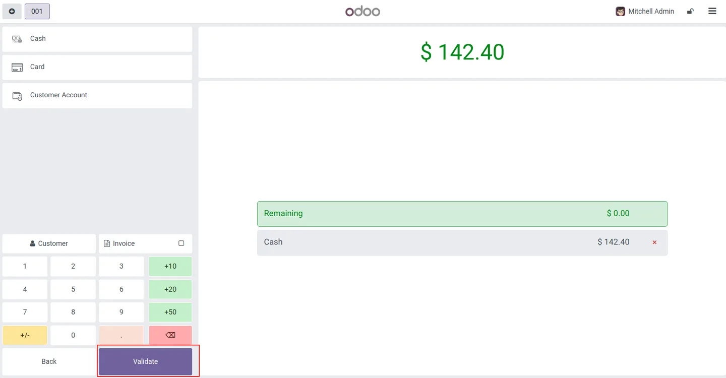 The Odoo POS payment screen with per-line cashiers assigned