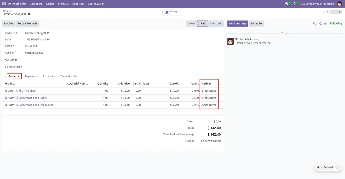 Cashier names listed in the Odoo POS order details