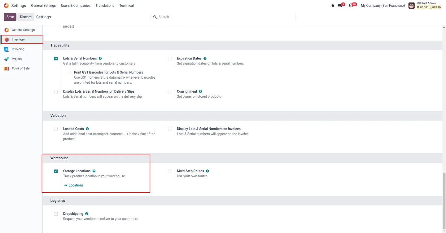 Enabling Storage Locations in Odoo Inventory settings for POS Orderline Location