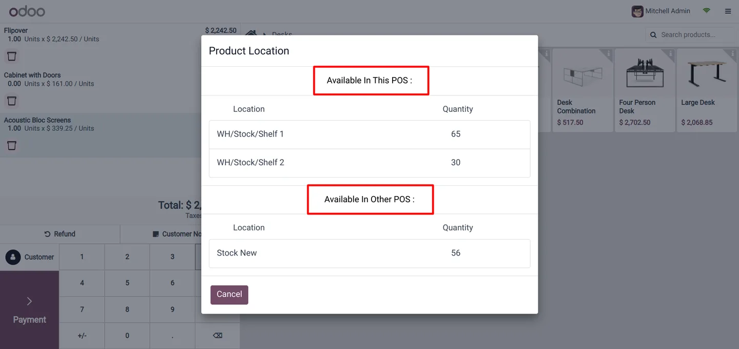 POS Orderline Location popup showing alternate locations and available quantities
