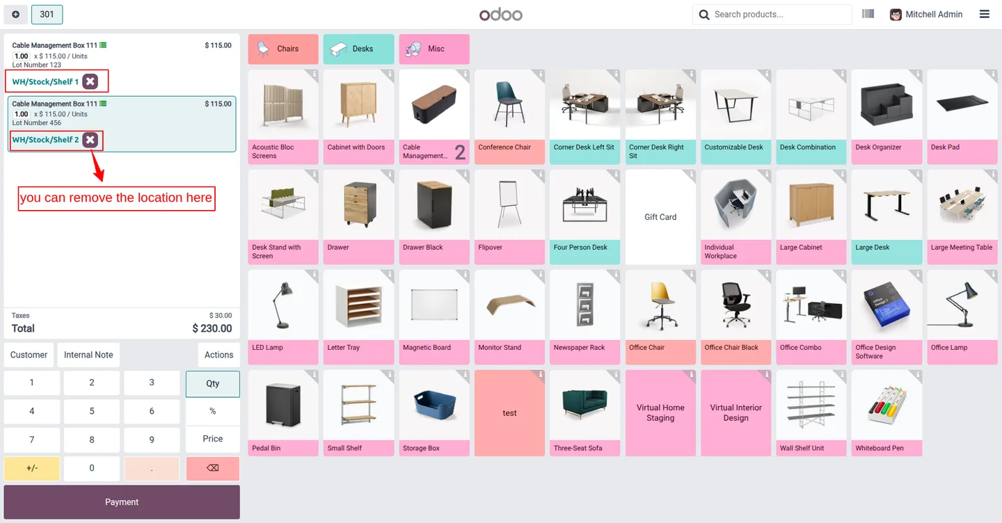 Clearing a selected location on a POS order line in Odoo
