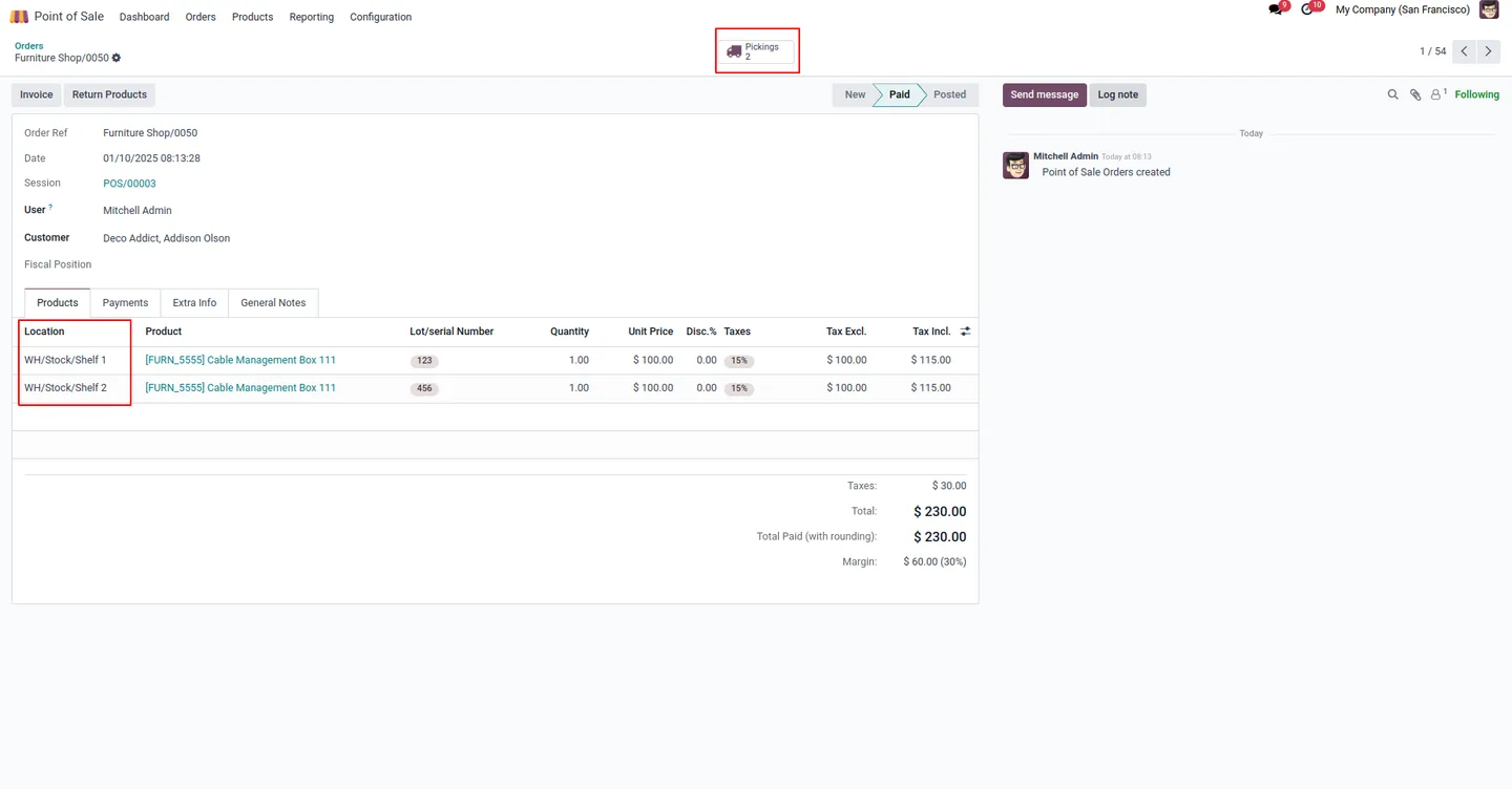Location assigned to a POS order line shown in the Odoo backend