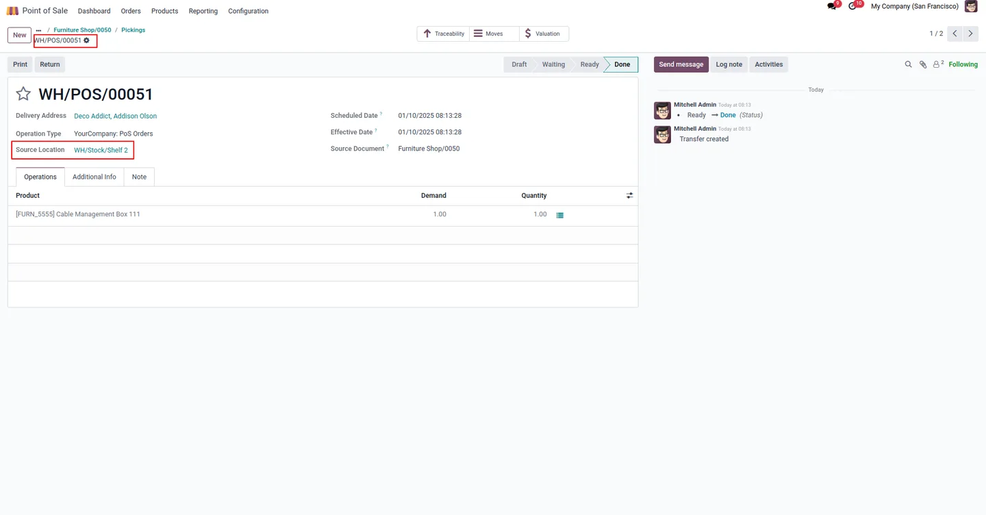 A location-wise picking generated from a POS order in Odoo