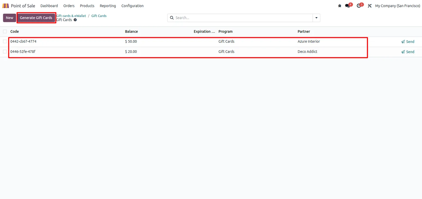 Generating gift cards in the Odoo Point of Sale configuration