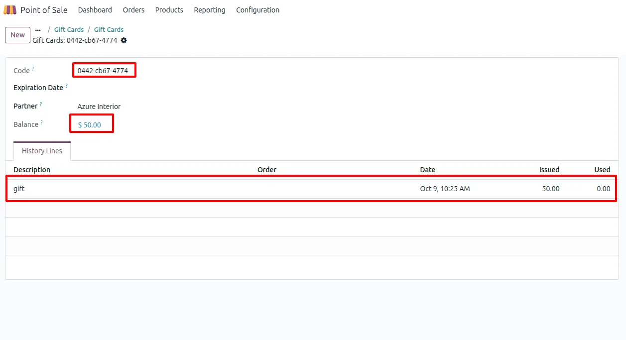 A generated gift card with its balance in the Odoo POS
