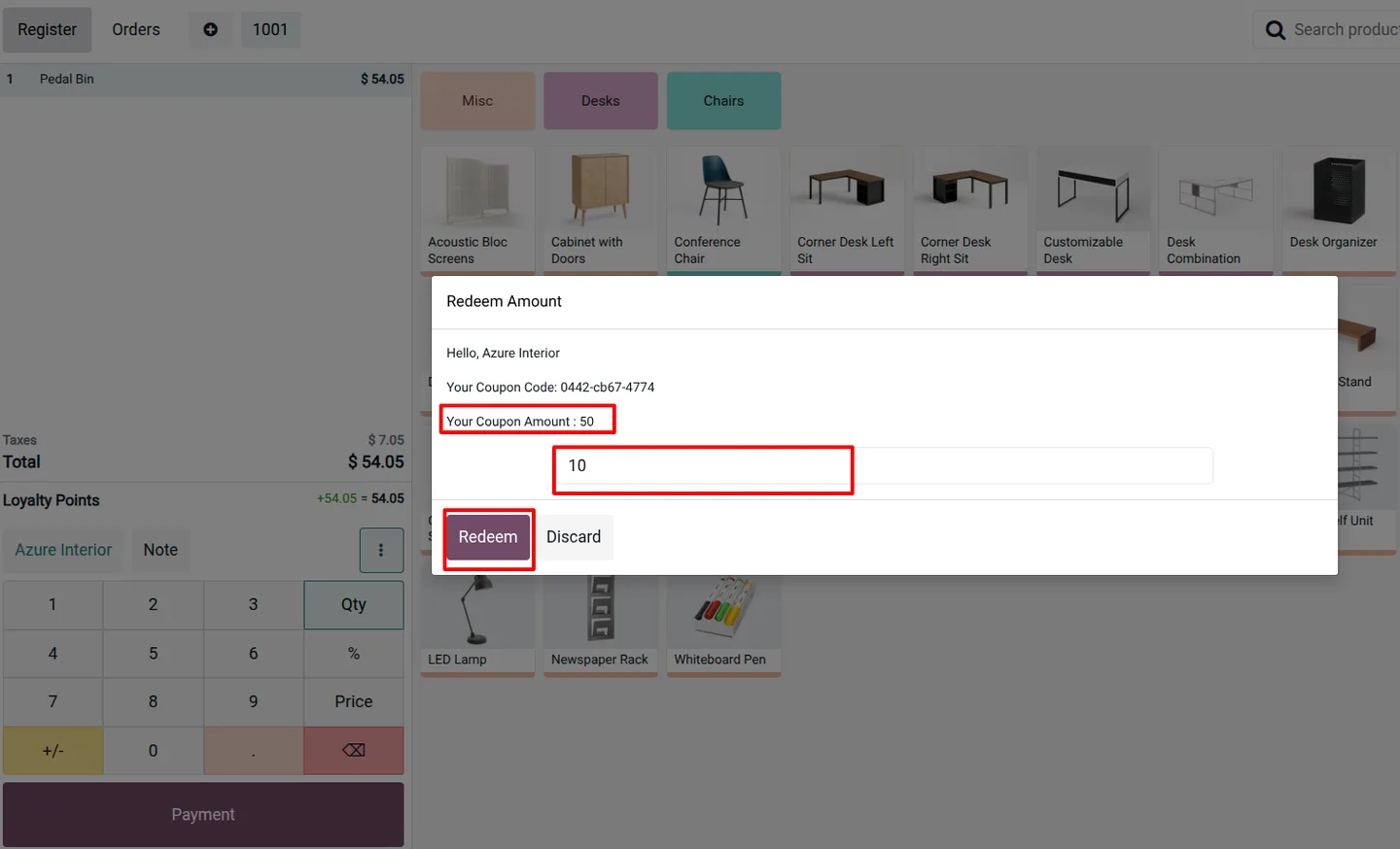 Gift code details shown on the Odoo Point of Sale screen