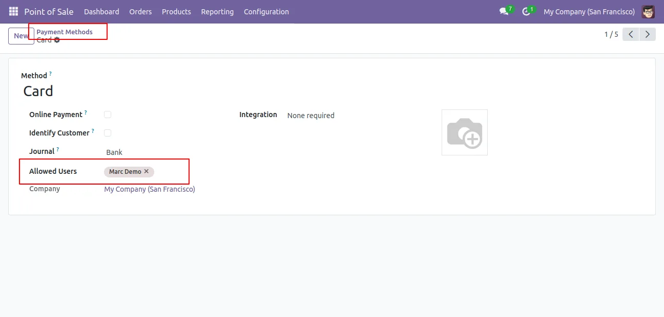 POS payment method configuration restricted to selected users in Odoo