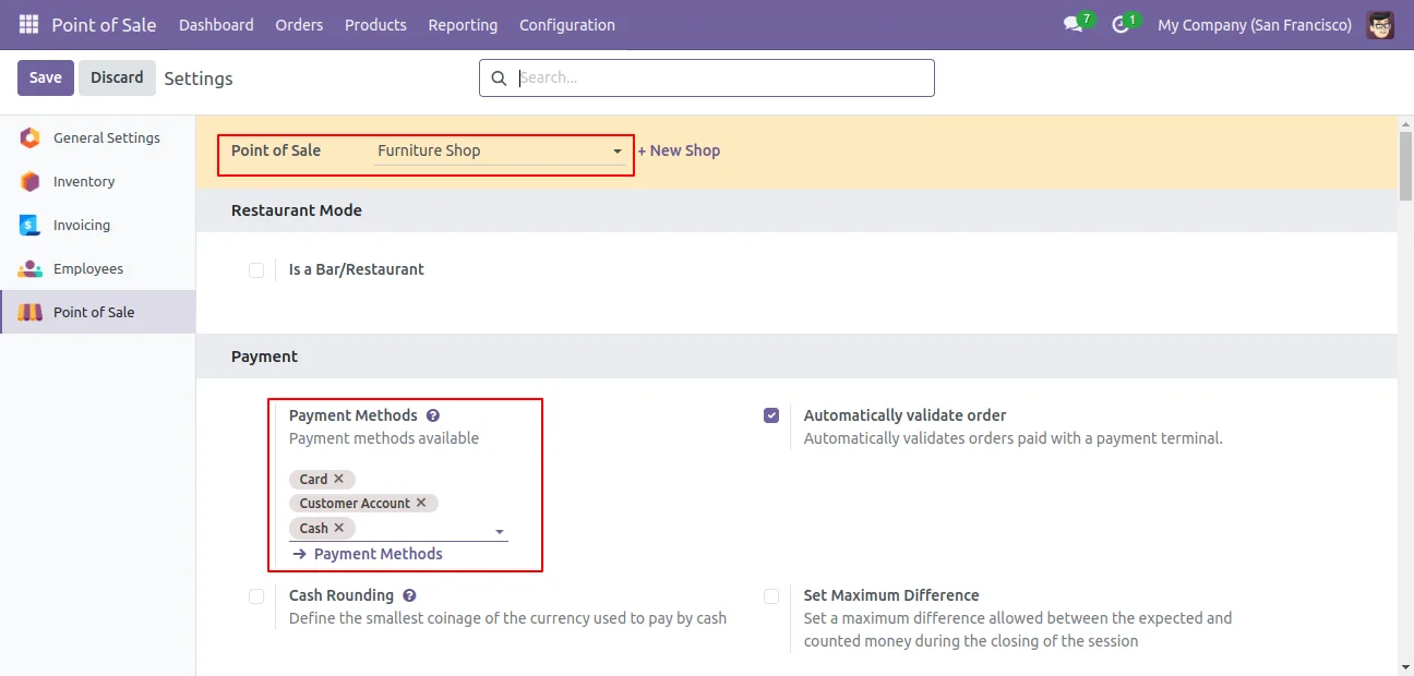 Point of Sale settings showing the payment methods enabled for a register