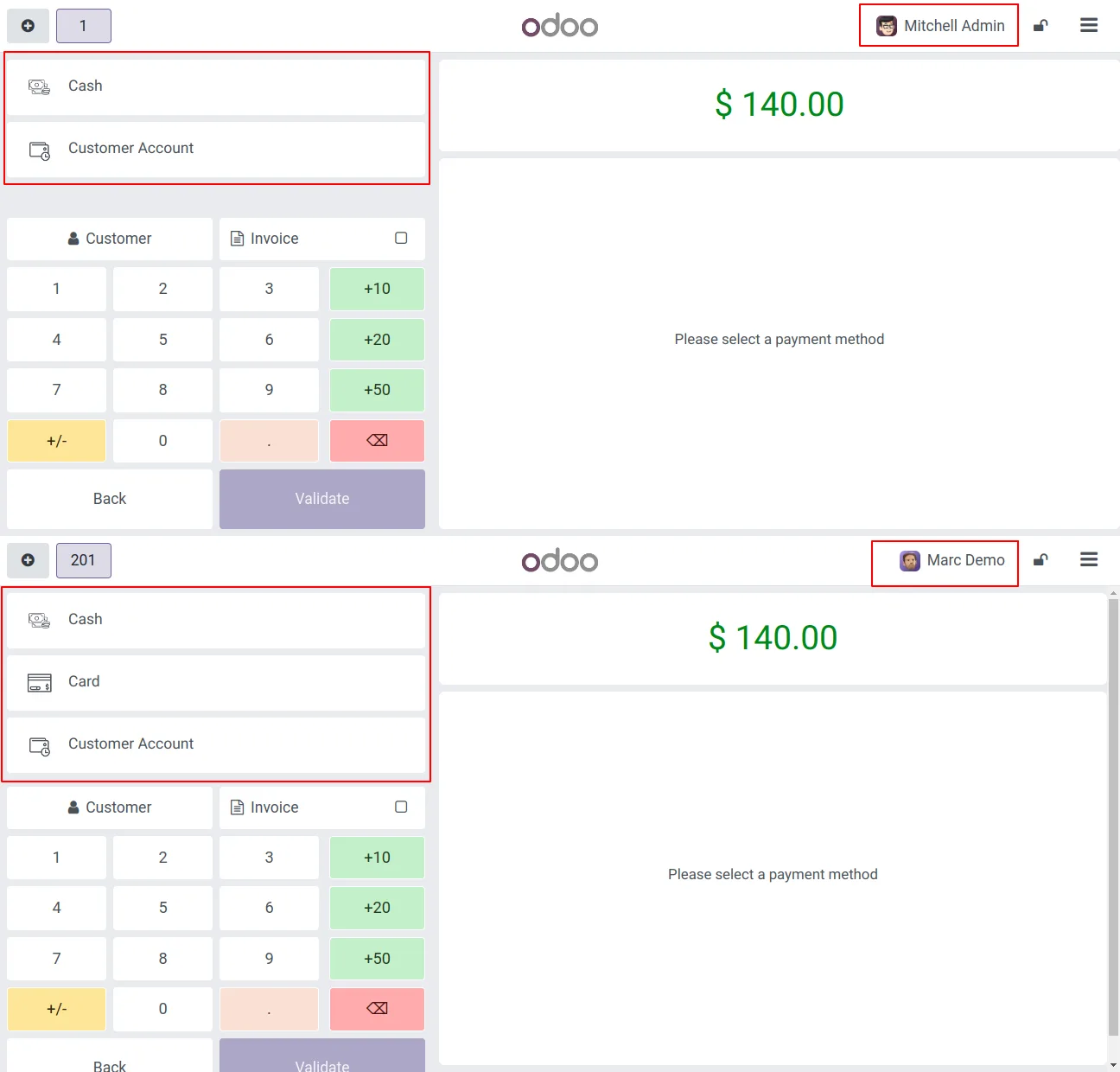 POS checkout screen showing only the payment methods assigned to the cashier