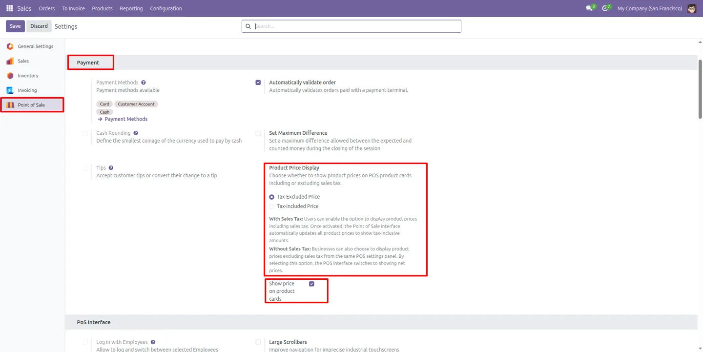 Show Price on Product Cards setting in the Odoo Point of Sale configuration