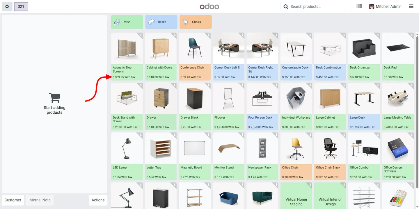 Tax-aware product prices displayed on the Odoo POS interface