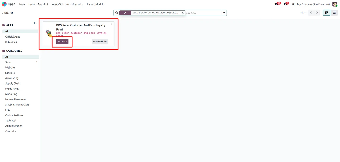 POS Referral Loyalty Reward configuration screen inside Odoo
