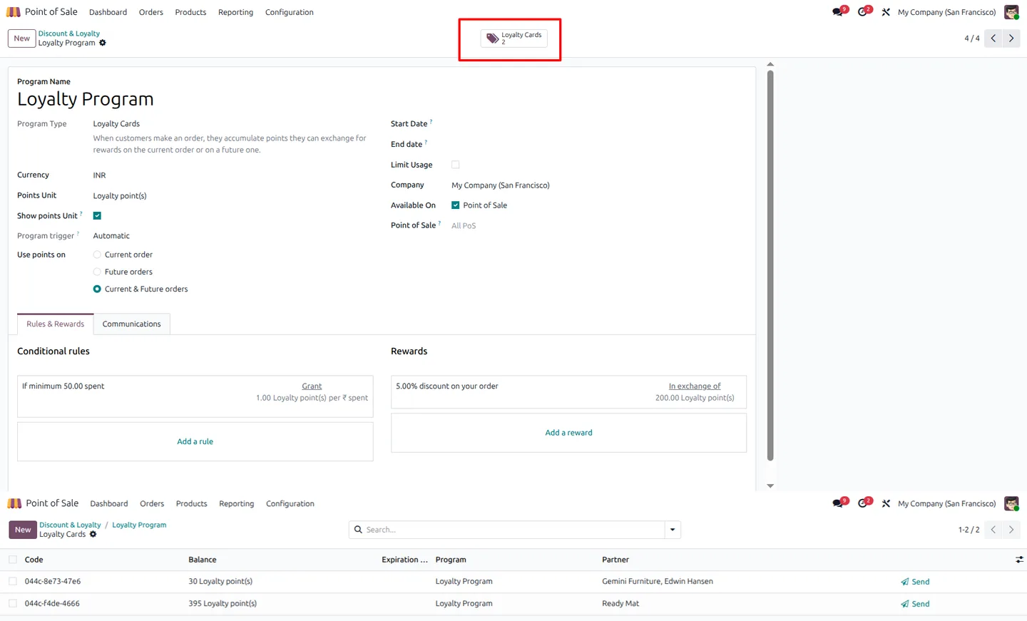 Loyalty cards updated with referral reward points in Odoo