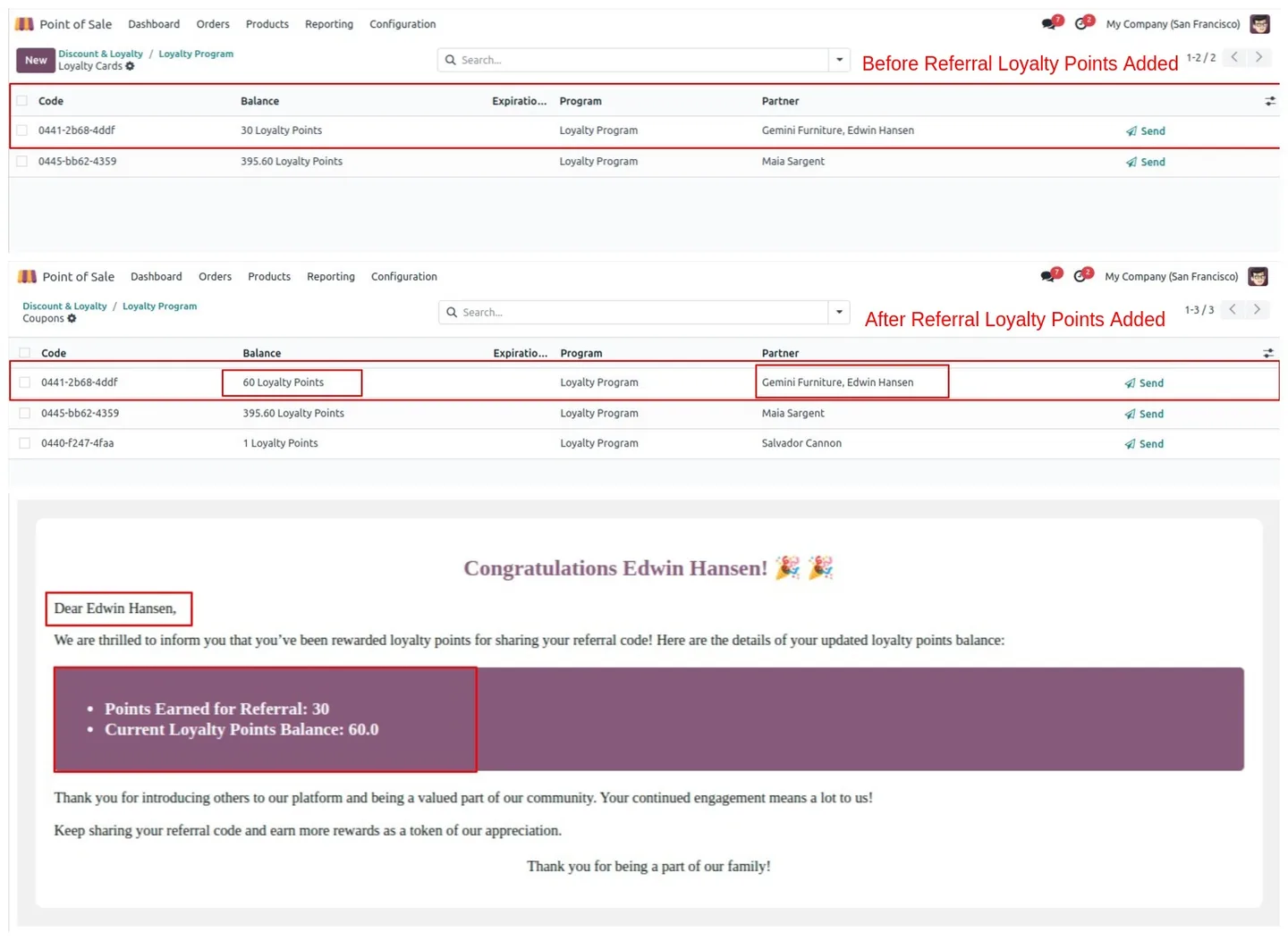 Customer referral history and loyalty balance inside Odoo