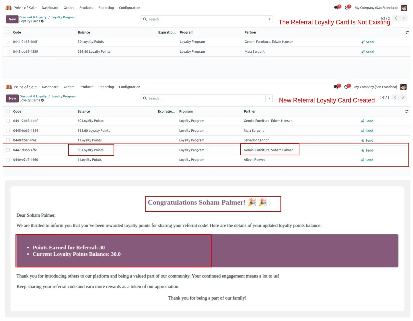 Loyalty card balance updated after a referred POS purchase in Odoo