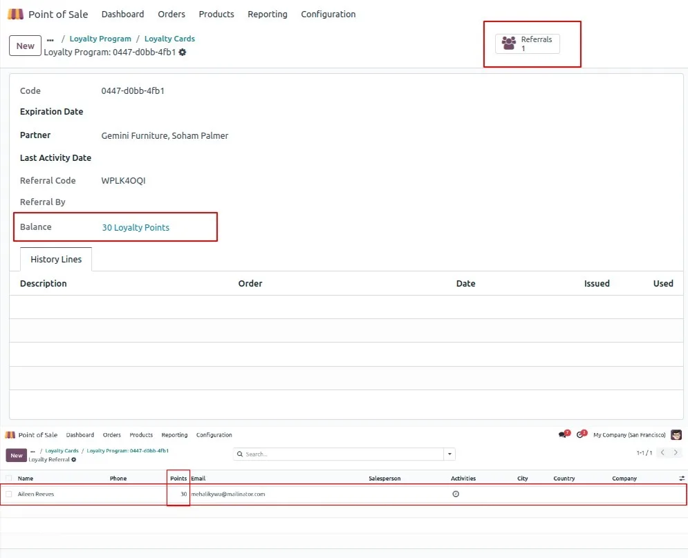 Referral usage history report inside the Odoo POS loyalty programme