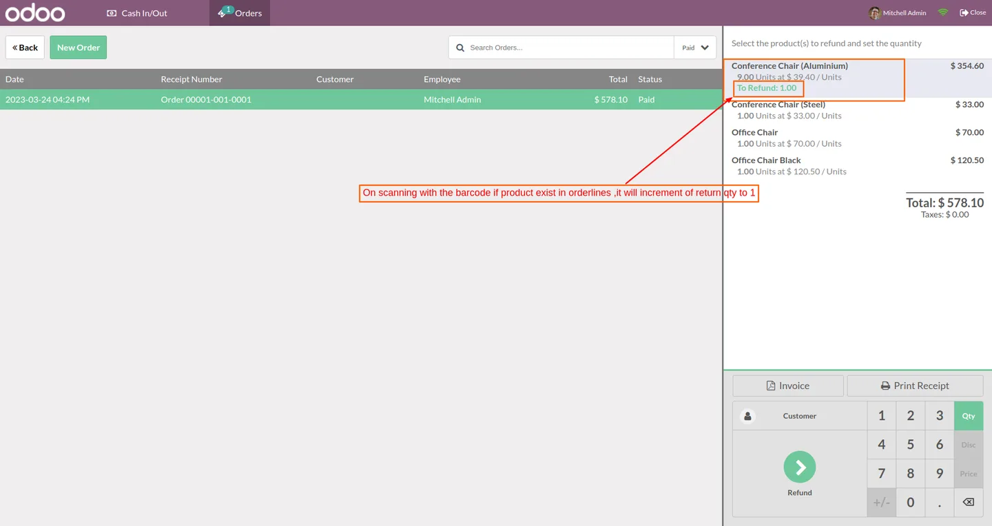 Refunding a product at the Odoo POS by scanning its barcode