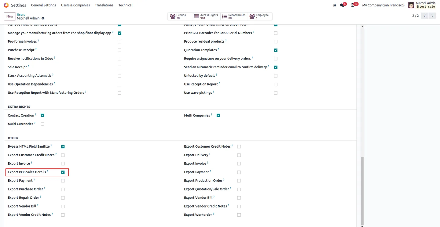 POS configuration screen with the Export Sales Details flag enabled in Odoo Settings