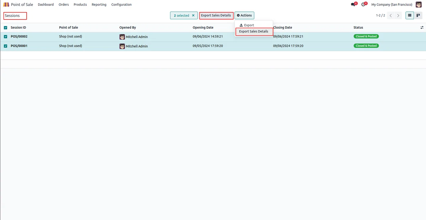 Odoo POS Sessions list view with the Export Sales Details button visible