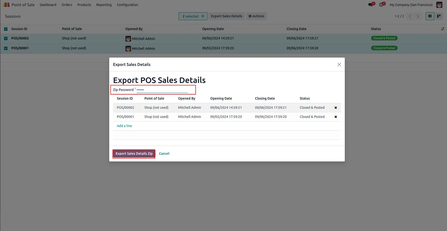 POS sessions selected ready for bulk export to a secure ZIP