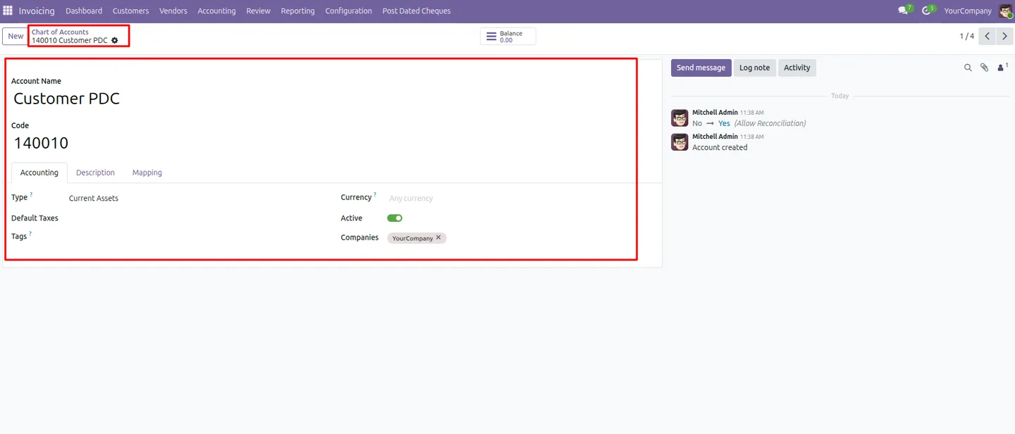 Customer PDC account configuration in the Odoo Chart of Accounts