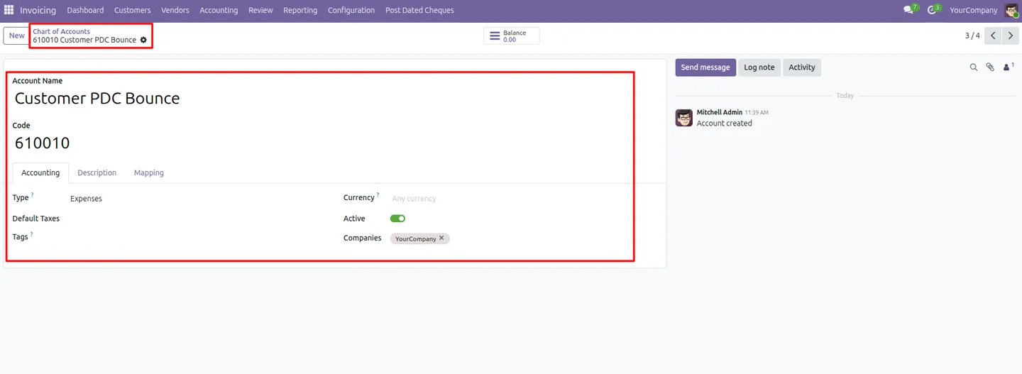 Customer PDC bounce account setup in the Odoo Chart of Accounts