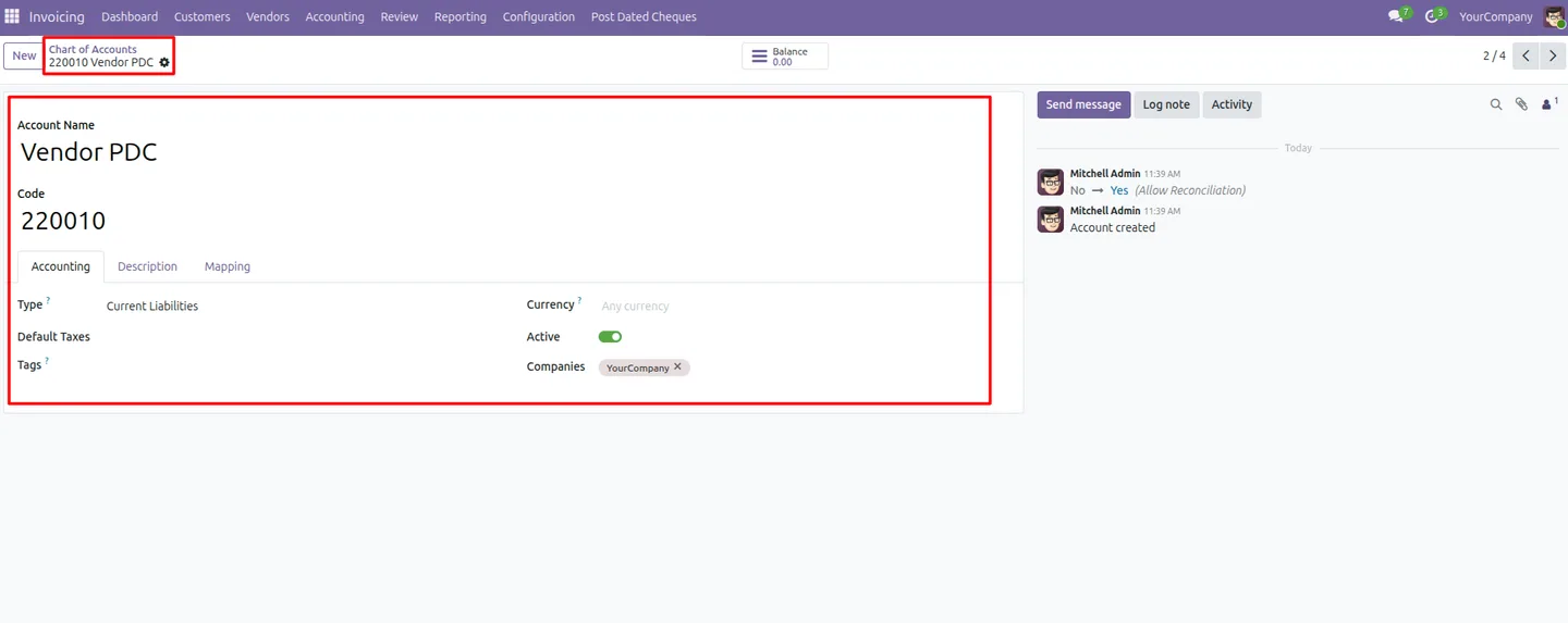Vendor PDC account configuration in the Odoo Chart of Accounts