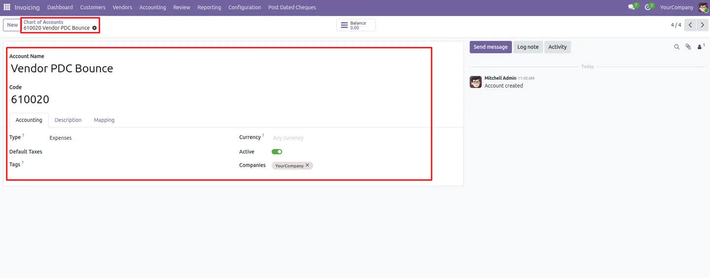 Vendor PDC bounce account setup in the Odoo Chart of Accounts