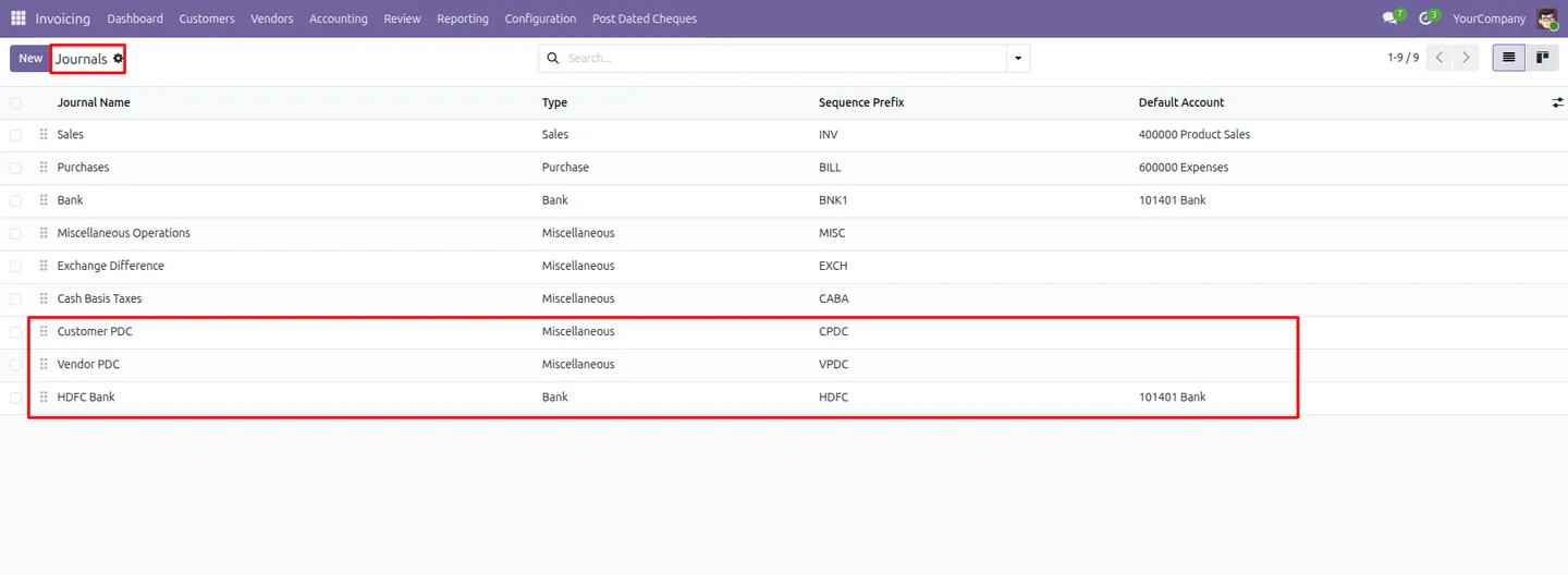 Bank journal configuration for post-dated cheque handling in Odoo