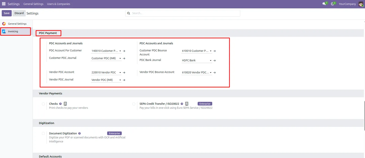 Post-dated cheque settings in Odoo Accounting configuration