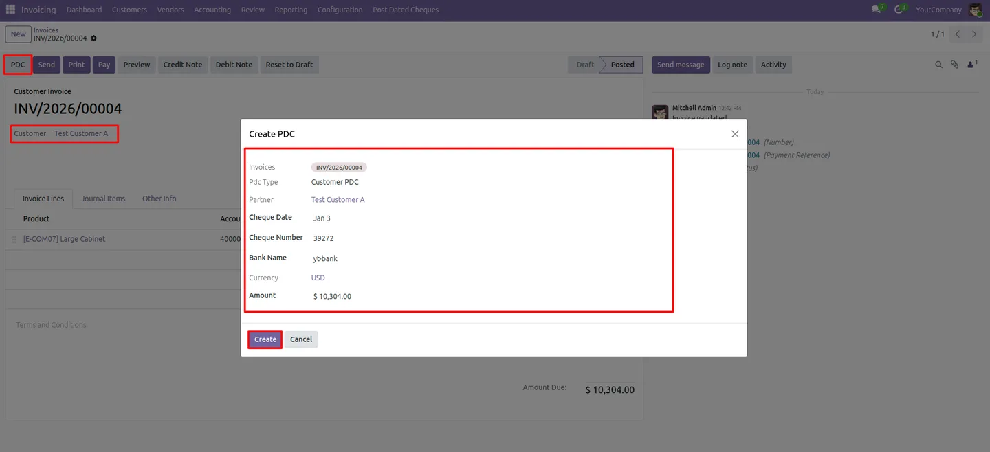 PDC button on a confirmed Odoo customer invoice