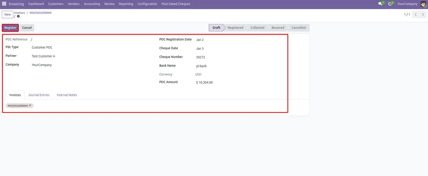 Registering a post-dated cheque against an Odoo invoice