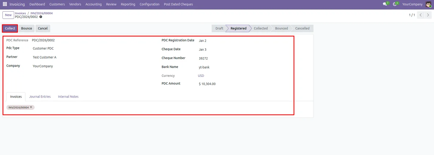 Collecting a registered post-dated cheque in Odoo