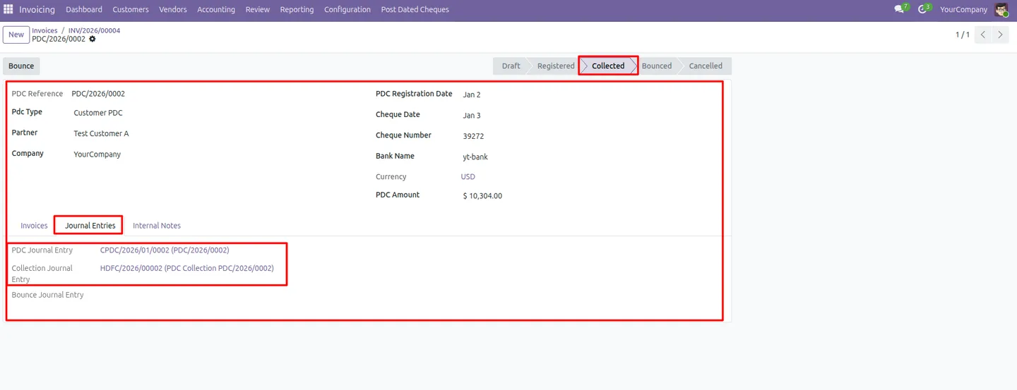 A collected post-dated cheque record in Odoo