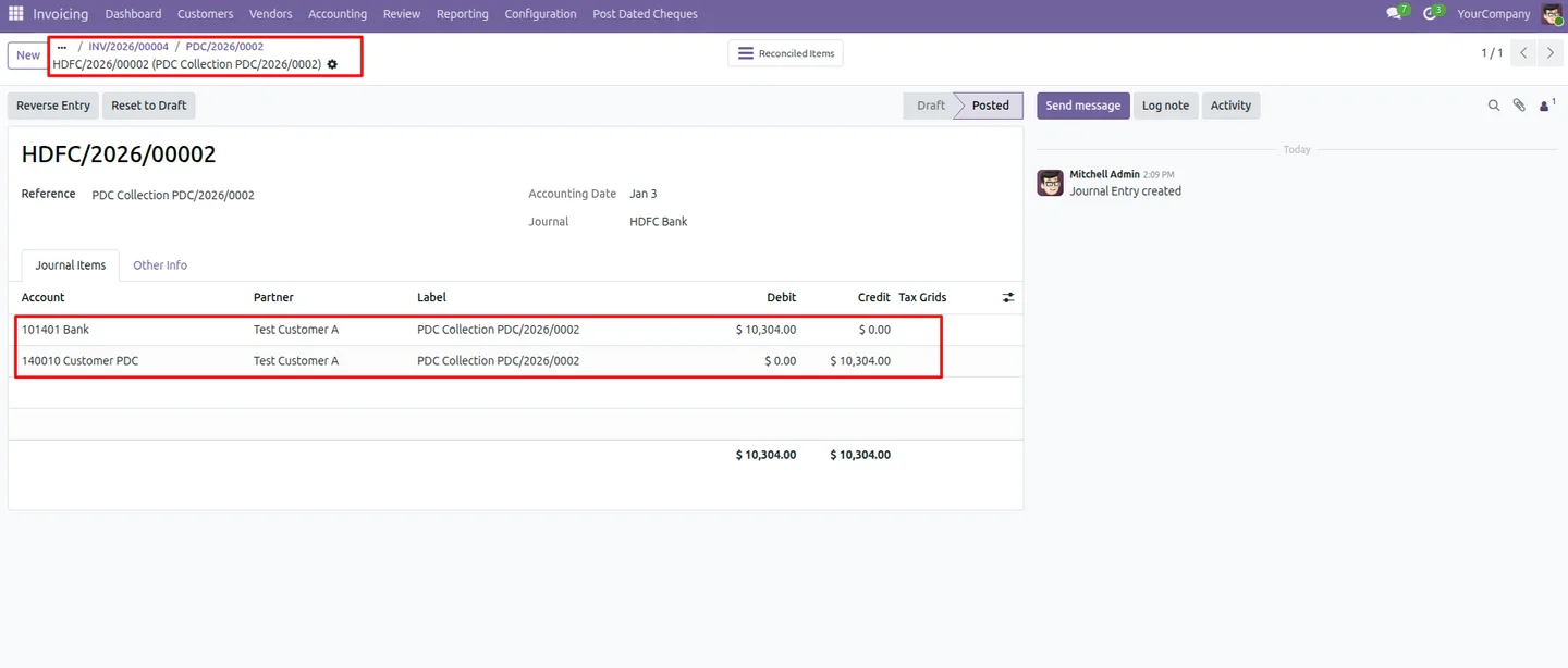 Journal entry generated for a PDC collection on an Odoo invoice