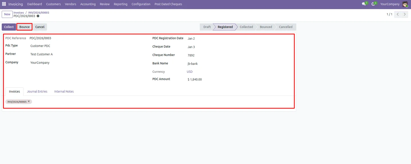 Processing a bounced post-dated cheque in Odoo