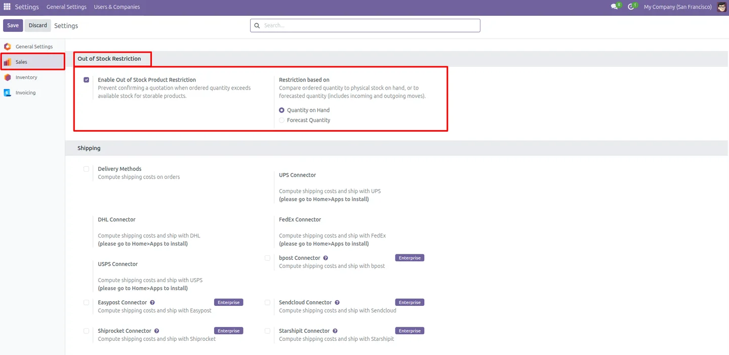 Configuring out-of-stock restriction by on-hand quantity in Odoo Sales settings