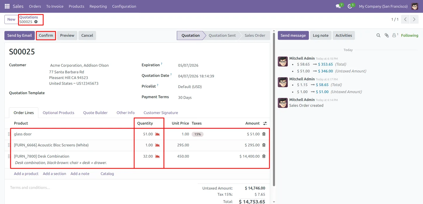An Odoo sales order with an out-of-stock product line